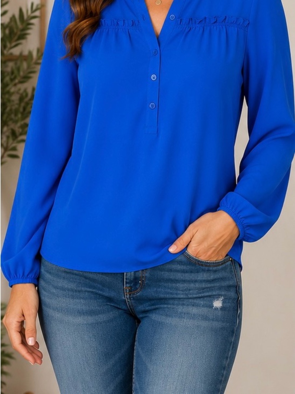 LOFT Royal Blue V-Neck Long-Sleeve Blouse MP
